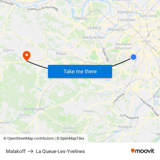 Malakoff to La Queue-Les-Yvelines map