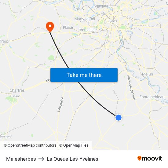 Malesherbes to La Queue-Les-Yvelines map