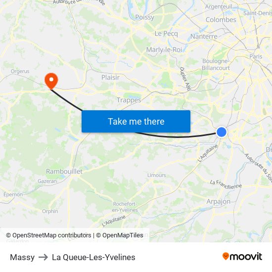 Massy to La Queue-Les-Yvelines map