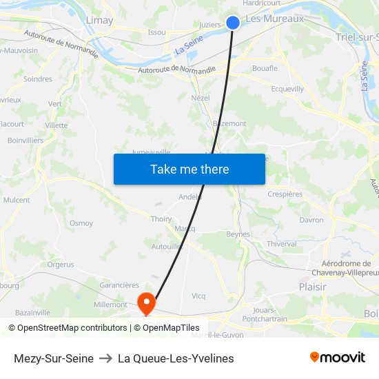 Mezy-Sur-Seine to La Queue-Les-Yvelines map