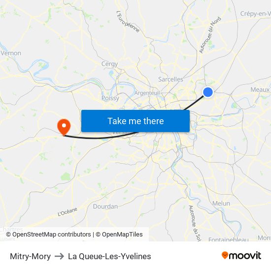 Mitry-Mory to La Queue-Les-Yvelines map