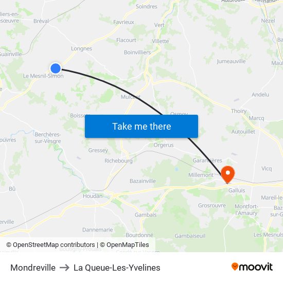 Mondreville to La Queue-Les-Yvelines map