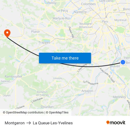 Montgeron to La Queue-Les-Yvelines map