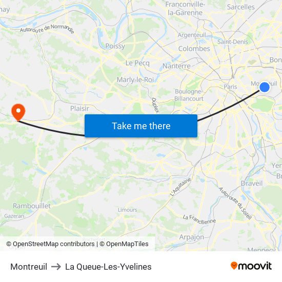 Montreuil to La Queue-Les-Yvelines map