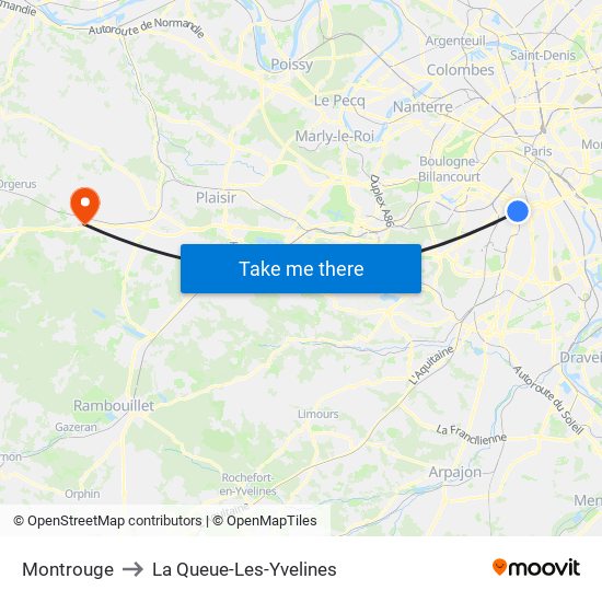 Montrouge to La Queue-Les-Yvelines map