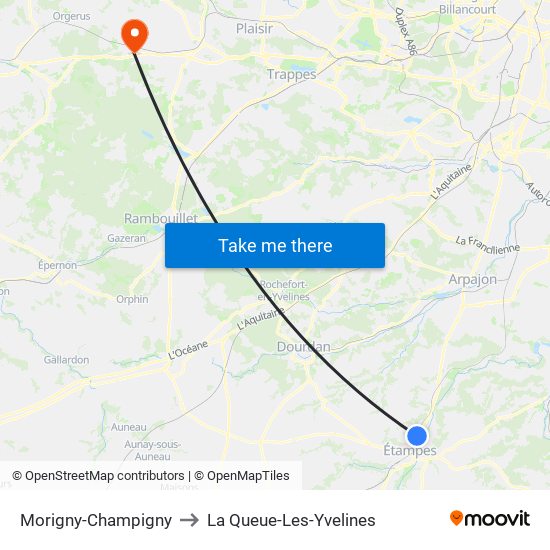 Morigny-Champigny to La Queue-Les-Yvelines map
