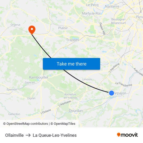 Ollainville to La Queue-Les-Yvelines map