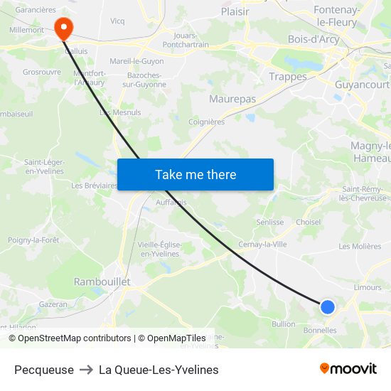 Pecqueuse to La Queue-Les-Yvelines map