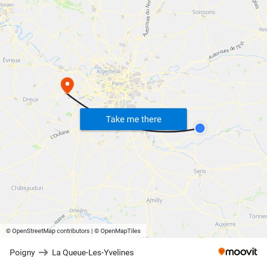 Poigny to La Queue-Les-Yvelines map