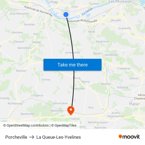 Porcheville to La Queue-Les-Yvelines map