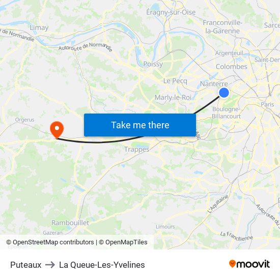 Puteaux to La Queue-Les-Yvelines map
