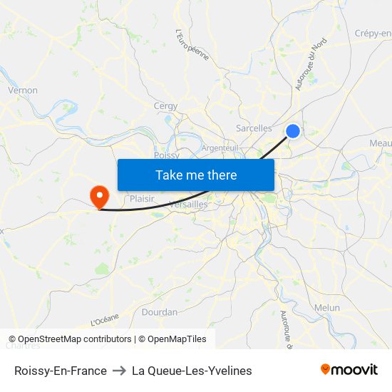 Roissy-En-France to La Queue-Les-Yvelines map
