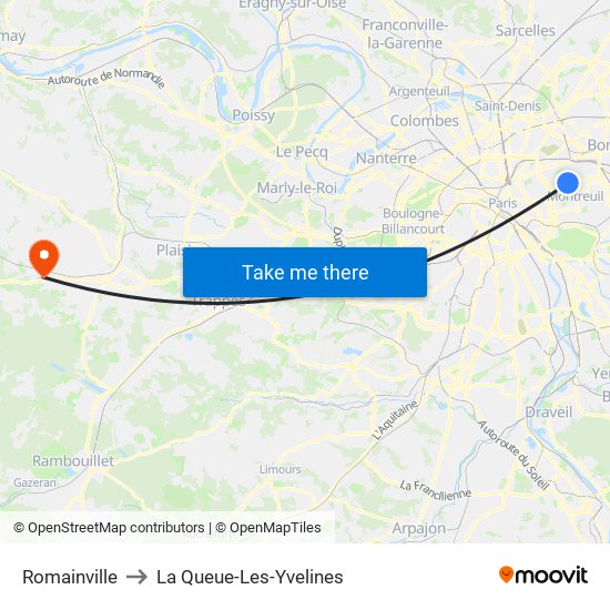 Romainville to La Queue-Les-Yvelines map