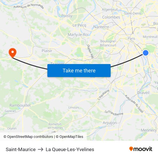 Saint-Maurice to La Queue-Les-Yvelines map