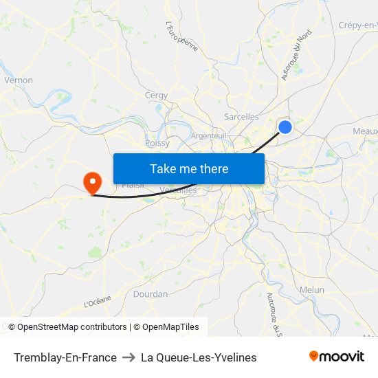 Tremblay-En-France to La Queue-Les-Yvelines map