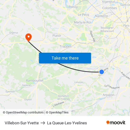 Villebon-Sur-Yvette to La Queue-Les-Yvelines map