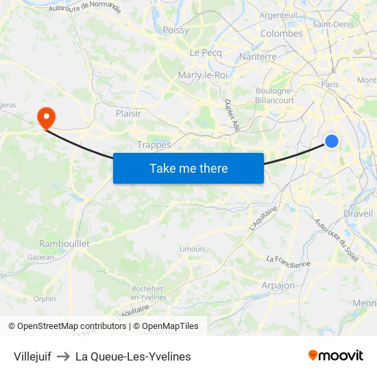 Villejuif to La Queue-Les-Yvelines map