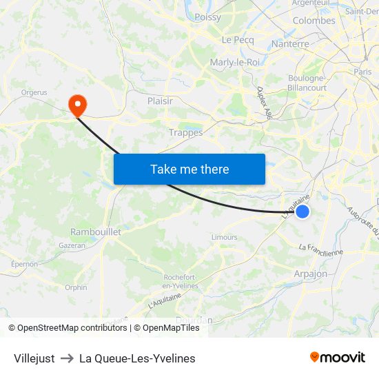 Villejust to La Queue-Les-Yvelines map
