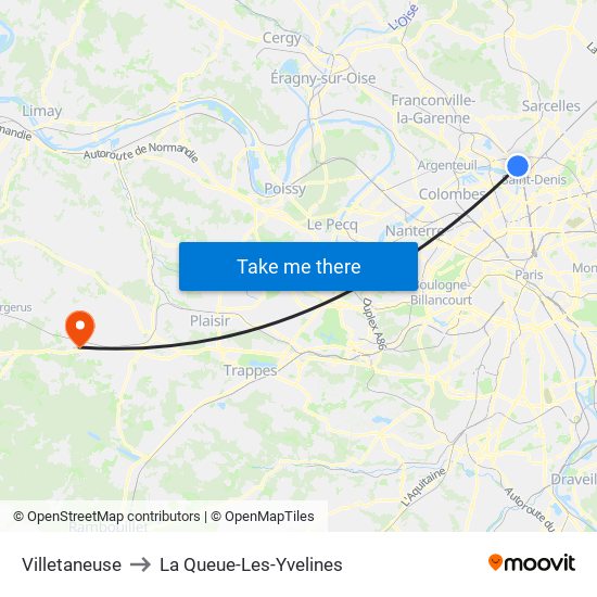 Villetaneuse to La Queue-Les-Yvelines map