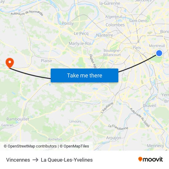 Vincennes to La Queue-Les-Yvelines map