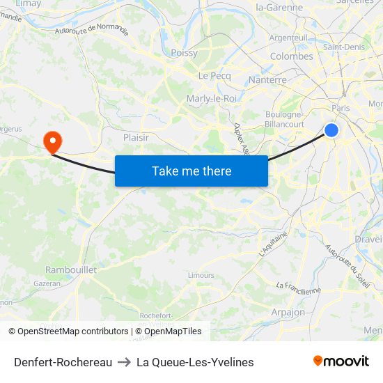 Denfert-Rochereau to La Queue-Les-Yvelines map