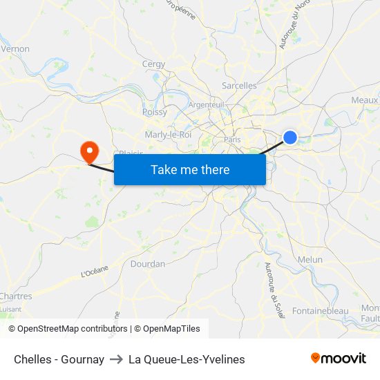 Chelles - Gournay to La Queue-Les-Yvelines map