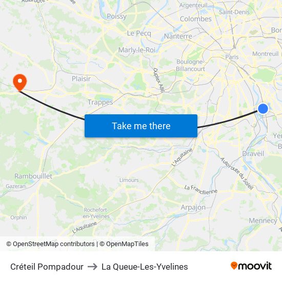 Créteil Pompadour to La Queue-Les-Yvelines map