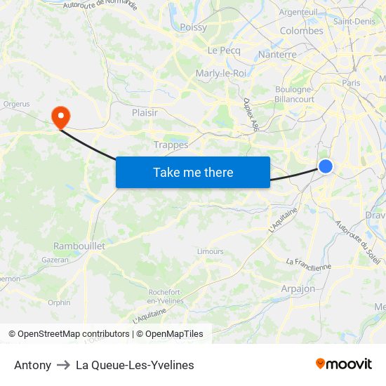 Antony to La Queue-Les-Yvelines map