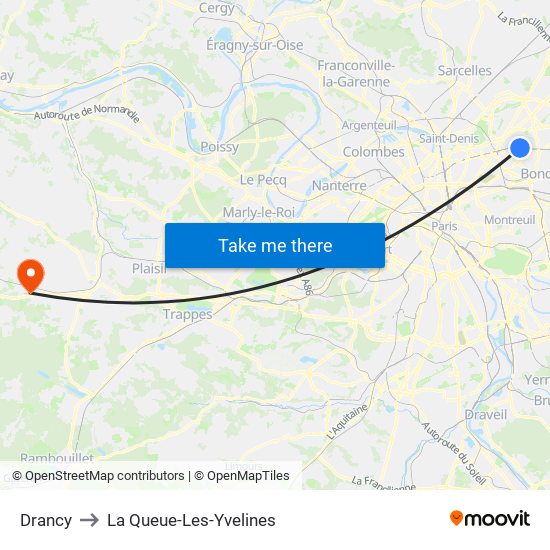 Drancy to La Queue-Les-Yvelines map