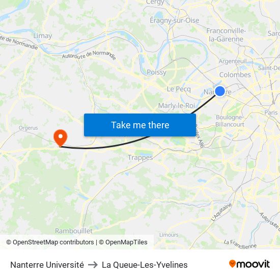 Nanterre Université to La Queue-Les-Yvelines map