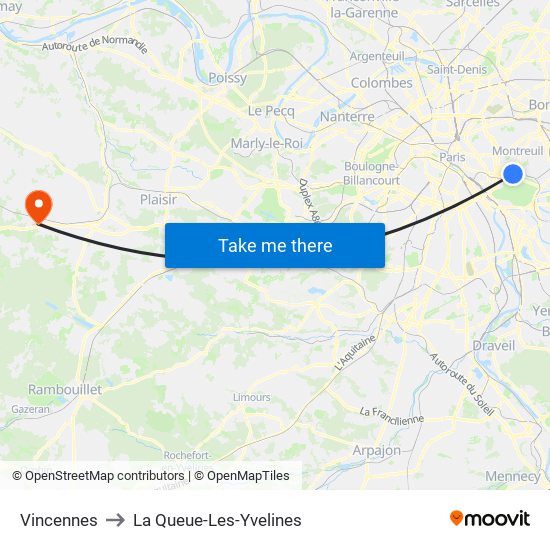 Vincennes to La Queue-Les-Yvelines map