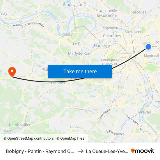 Bobigny - Pantin - Raymond Queneau to La Queue-Les-Yvelines map