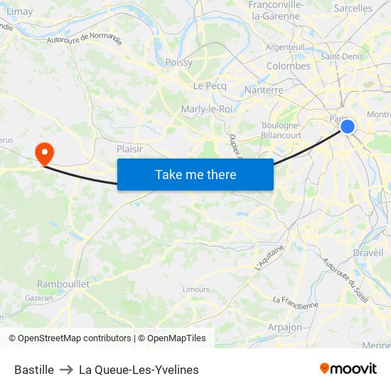 Bastille to La Queue-Les-Yvelines map