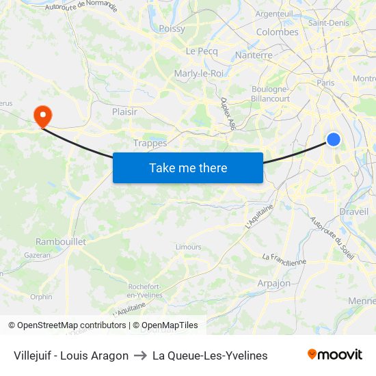 Villejuif - Louis Aragon to La Queue-Les-Yvelines map