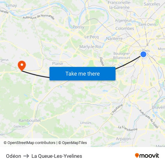 Odéon to La Queue-Les-Yvelines map