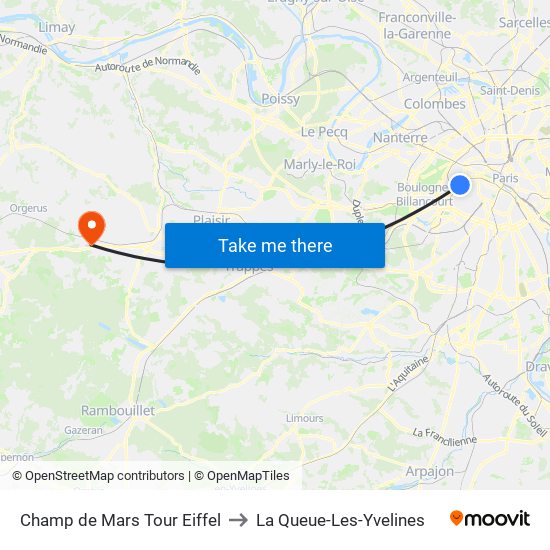 Champ de Mars Tour Eiffel to La Queue-Les-Yvelines map