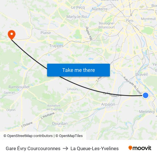 Gare Évry Courcouronnes to La Queue-Les-Yvelines map