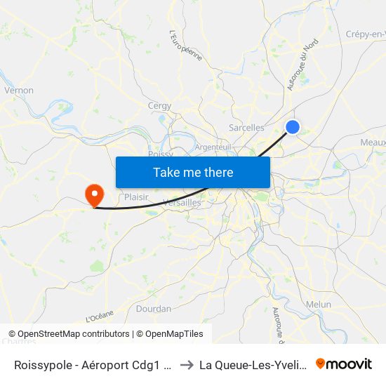 Roissypole - Aéroport Cdg1 (D3) to La Queue-Les-Yvelines map