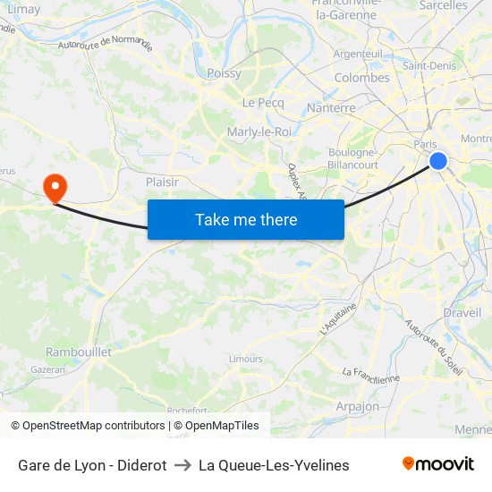 Gare de Lyon - Diderot to La Queue-Les-Yvelines map