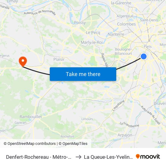 Denfert-Rochereau - Métro-Rer to La Queue-Les-Yvelines map