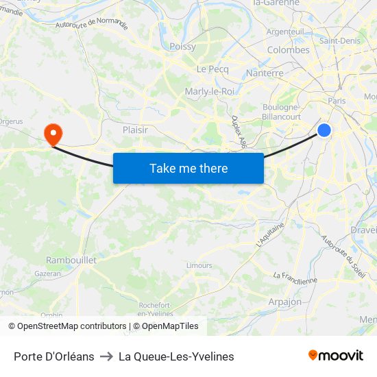 Porte D'Orléans to La Queue-Les-Yvelines map