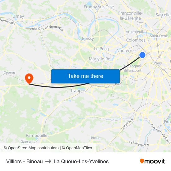 Villiers - Bineau to La Queue-Les-Yvelines map