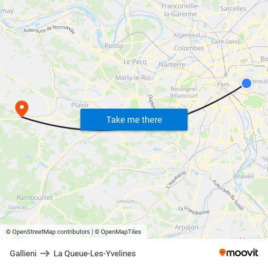Gallieni to La Queue-Les-Yvelines map