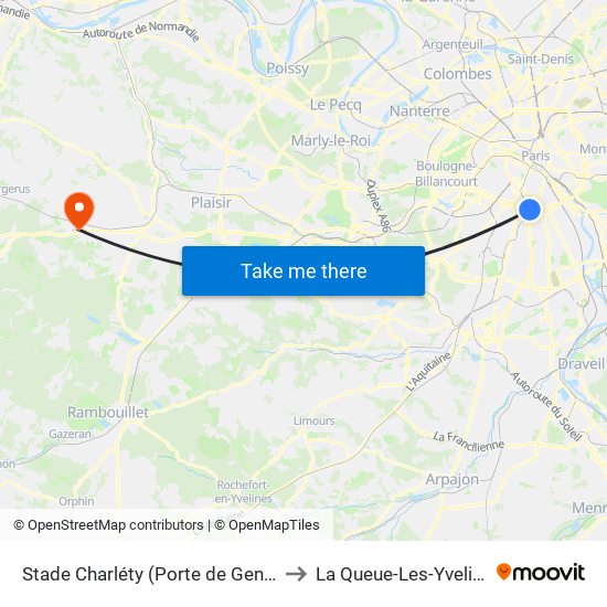 Stade Charléty (Porte de Gentilly) to La Queue-Les-Yvelines map