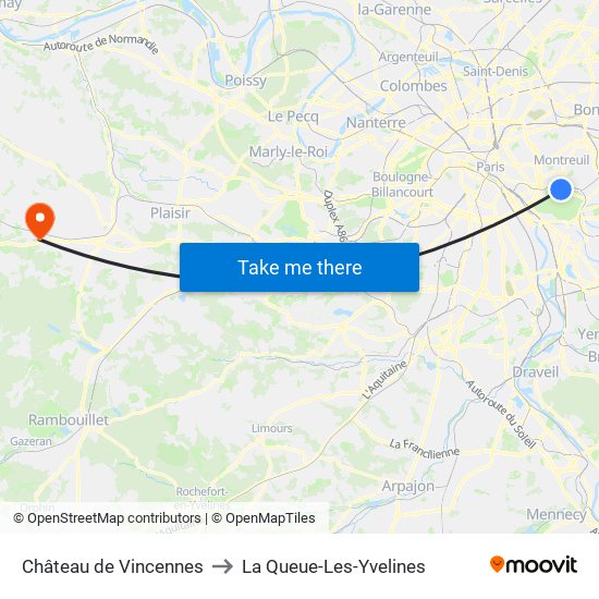 Château de Vincennes to La Queue-Les-Yvelines map