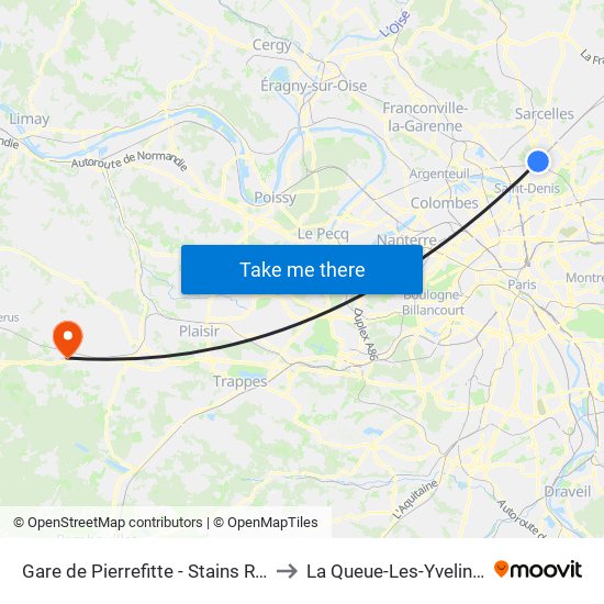 Gare de Pierrefitte - Stains RER to La Queue-Les-Yvelines map