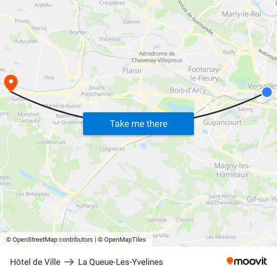 Hôtel de Ville to La Queue-Les-Yvelines map