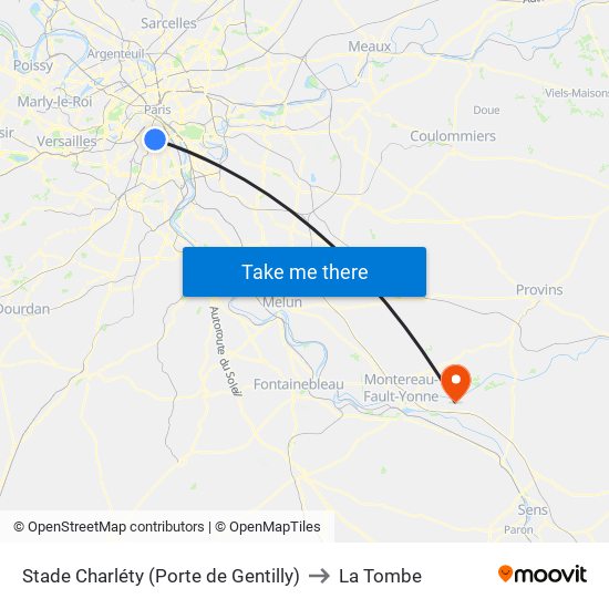 Stade Charléty (Porte de Gentilly) to La Tombe map