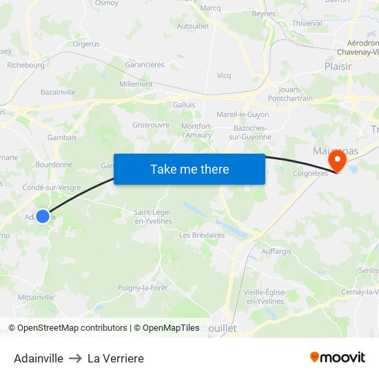 Adainville to La Verriere map