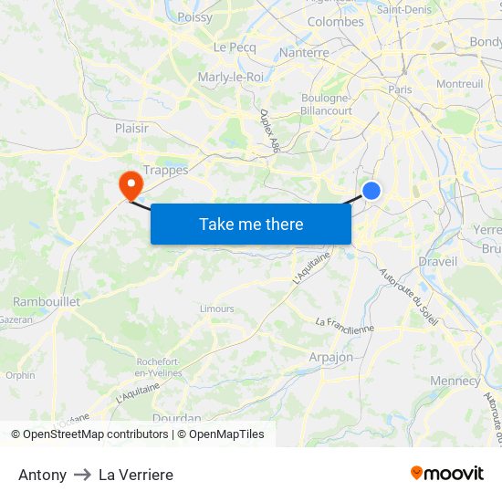 Antony to La Verriere map